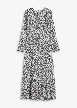 bonprix Bekleidung·Pullover & Strickjacken|Kleider|Maxikleid aus reiner Viskose wollweiß/anthrazit leo bedruckt