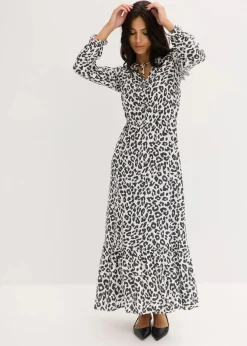 bonprix Bekleidung·Pullover & Strickjacken|Kleider|Maxikleid aus reiner Viskose wollweiß/anthrazit leo bedruckt