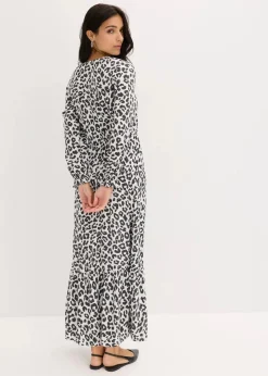 bonprix Bekleidung·Pullover & Strickjacken|Kleider|Maxikleid aus reiner Viskose wollweiß/anthrazit leo bedruckt