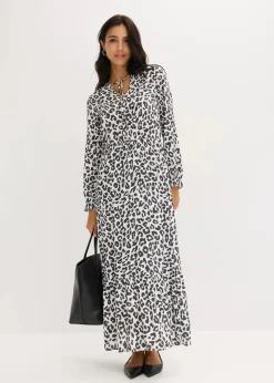 bonprix Bekleidung·Pullover & Strickjacken|Kleider|Maxikleid aus reiner Viskose wollweiß/anthrazit leo bedruckt
