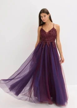 bonprix Bekleidung·Pullover & Strickjacken|Festliche Mode|Maxikleid aus zartem Tüll mit Spitze weinrot