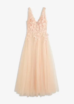 bonprix Festliche Mode|Kleider|Maxikleid aus zartem Tüll mit Blumen-Applikation champagner