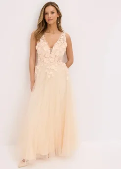bonprix Festliche Mode|Kleider|Maxikleid aus zartem Tüll mit Blumen-Applikation champagner