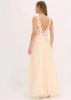 bonprix Festliche Mode|Kleider|Maxikleid aus zartem Tüll mit Blumen-Applikation champagner