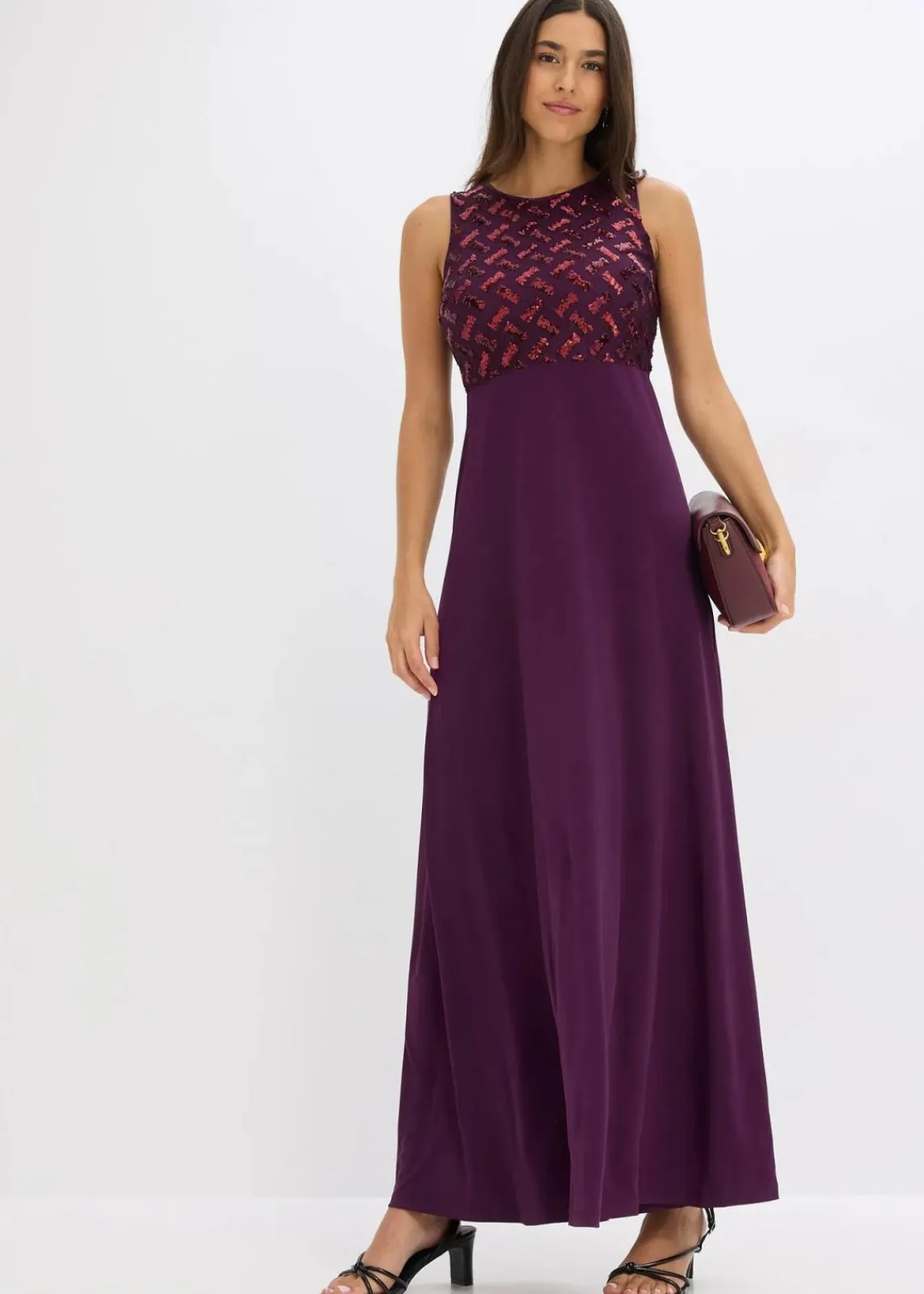 bonprix Kleider|Festliche Mode|Maxikleid mit Paillettenstickerei dunkelrot