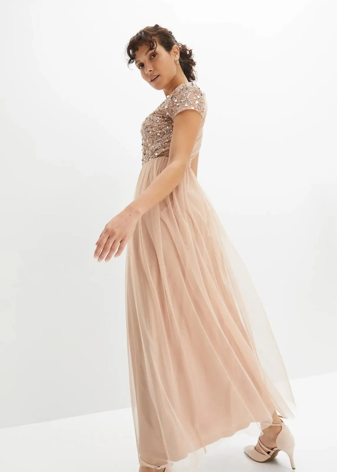 bonprix Kurzgrößen|Bekleidung·Pullover & Strickjacken|Maxikleid mit Paillettenstickerei altrosa