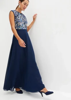 bonprix Bekleidung·Pullover & Strickjacken|Festliche Mode|Maxikleid mit Spitze dunkelblau geblümt