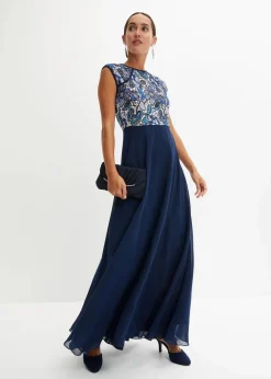 bonprix Bekleidung·Pullover & Strickjacken|Festliche Mode|Maxikleid mit Spitze dunkelblau geblümt