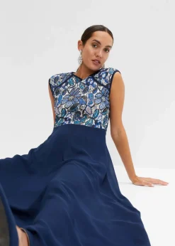 bonprix Bekleidung·Pullover & Strickjacken|Festliche Mode|Maxikleid mit Spitze dunkelblau geblümt