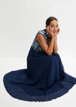 bonprix Bekleidung·Pullover & Strickjacken|Festliche Mode|Maxikleid mit Spitze dunkelblau geblümt