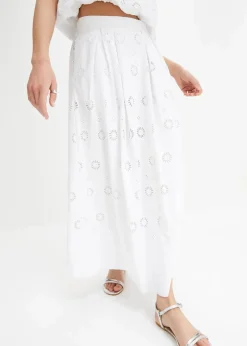 bonprix Nachhaltigere Materialien|Röcke|Maxirock aus Bio-Baumwolle mit Lochstickerei weiß
