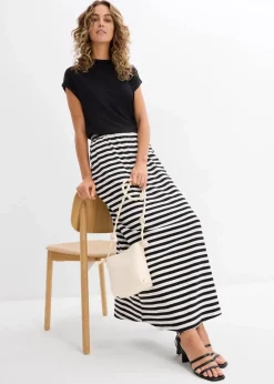 bonprix Nachhaltigere Materialien|Röcke|Maxirock aus reiner Bio-Baumwolle schwarz/wollweiß gestreift
