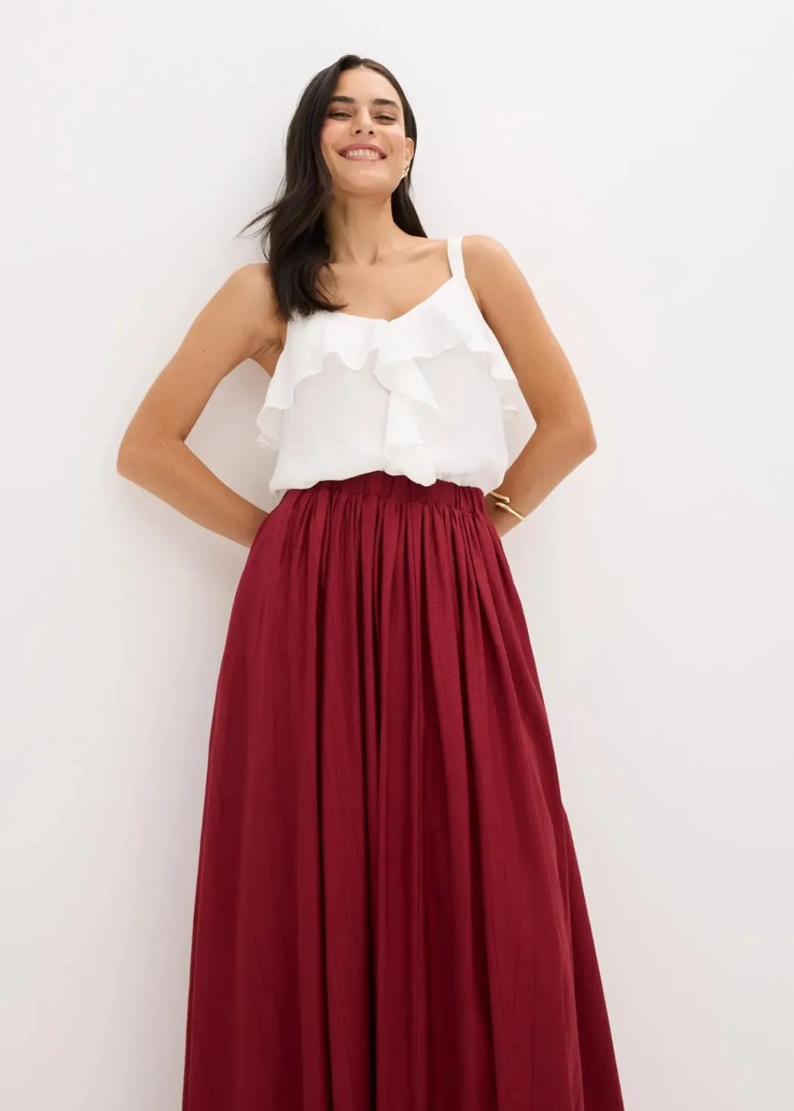 bonprix Bekleidung·Sportbekleidung|Röcke|Maxirock aus strukturiertem Crinkle pflaumenrot