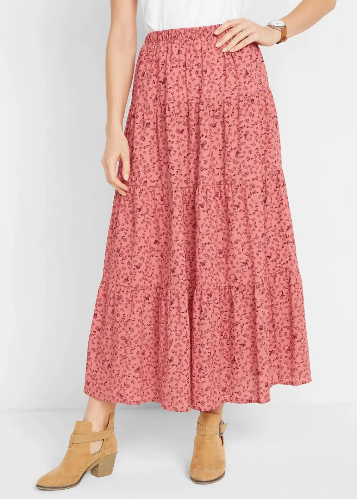 bonprix Nachhaltigere Materialien|Röcke|Maxirock mit Volants rauchpfirsich geblümt