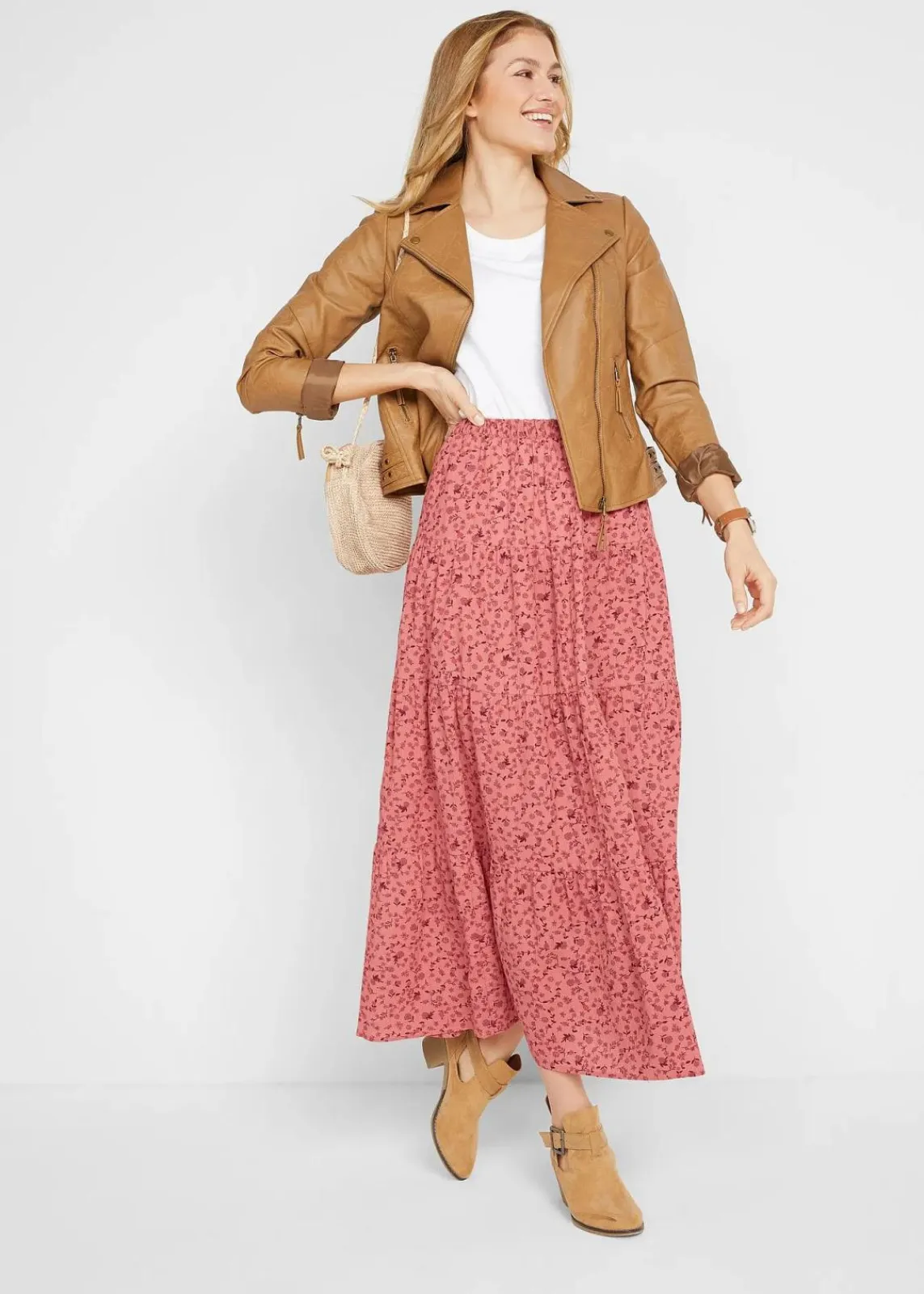 bonprix Nachhaltigere Materialien|Röcke|Maxirock mit Volants rauchpfirsich geblümt