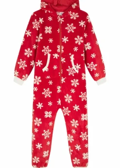 bonprix Jungen·Nachtwäsche|Mädchen·Nachtwäsche|Mädchen Fleece-Overall wollweiß/chillirot bedruckt