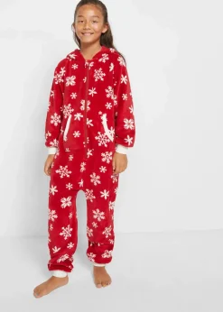 bonprix Jungen·Nachtwäsche|Mädchen·Nachtwäsche|Mädchen Fleece-Overall wollweiß/chillirot bedruckt