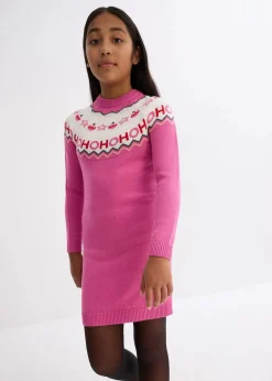 bonprix Mädchen 2-8 Jahre·Kleider & Röcke|Mädchen Strickkleid mit Weihnachtsmotiv hellfuchsia bedruckt