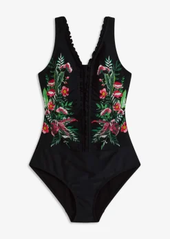 bonprix Nachhaltigere Materialien|Shapewear|Medium Shape-Badeanzug mit Volants schwarz floral