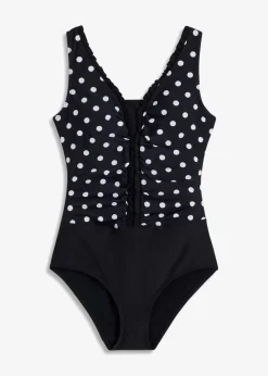 bonprix Nachhaltigere Materialien|Shapewear|Medium Shape-Badeanzug mit Raffung schwarz/weiss gepunktet