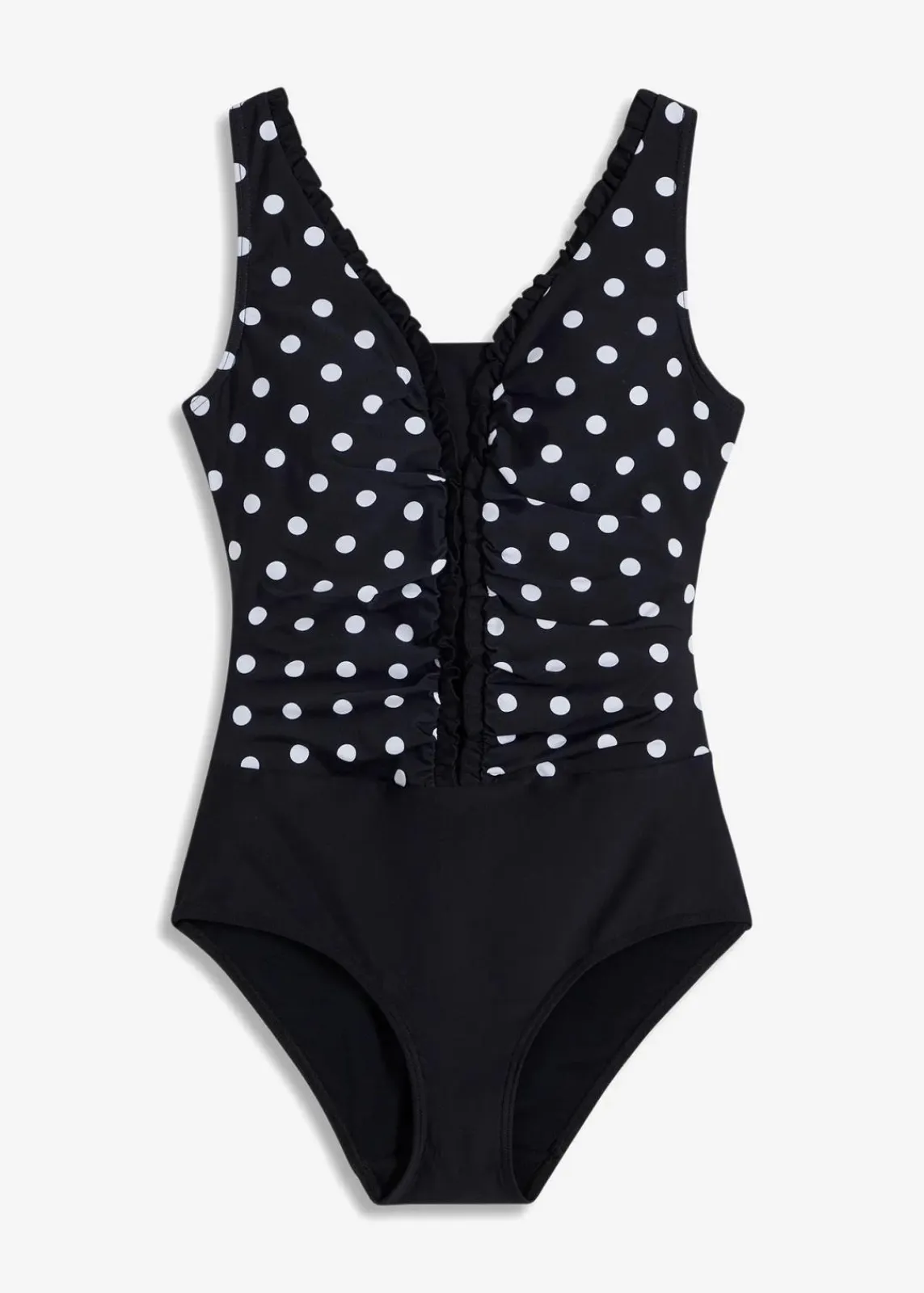 bonprix Nachhaltigere Materialien|Shapewear|Medium Shape-Badeanzug mit Raffung schwarz/weiss gepunktet