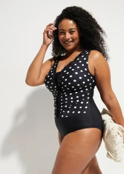bonprix Nachhaltigere Materialien|Shapewear|Medium Shape-Badeanzug mit Raffung schwarz/weiss gepunktet