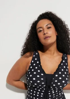 bonprix Nachhaltigere Materialien|Shapewear|Medium Shape-Badeanzug mit Raffung schwarz/weiss gepunktet