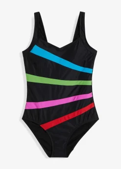 bonprix Nachhaltigere Materialien|Bademode·Badeanzüge|Medium Shape-Badeanzug mit Einsätzen schwarz/bunt gestreift