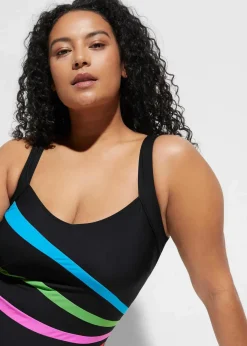 bonprix Nachhaltigere Materialien|Bademode·Badeanzüge|Medium Shape-Badeanzug mit Einsätzen schwarz/bunt gestreift