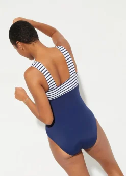 bonprix Nachhaltigere Materialien|Shapewear|Medium Shape-Badeanzug mit breiten Trägern dunkelblau/weiß gestreift