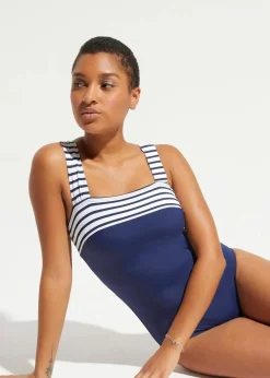 bonprix Nachhaltigere Materialien|Shapewear|Medium Shape-Badeanzug mit breiten Trägern dunkelblau/weiß gestreift