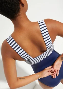 bonprix Nachhaltigere Materialien|Shapewear|Medium Shape-Badeanzug mit breiten Trägern dunkelblau/weiß gestreift