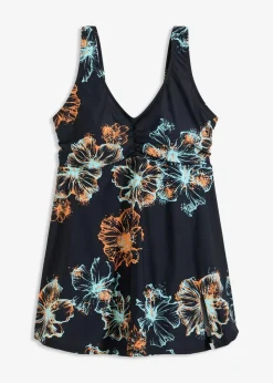 bonprix Nachhaltigere Materialien|Bademode·Badekleider|Medium Shape-Badekleid mit V-Ausschnitt schwarz/orange/türkis bedruckt