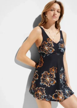 bonprix Nachhaltigere Materialien|Bademode·Badekleider|Medium Shape-Badekleid mit V-Ausschnitt schwarz/orange/türkis bedruckt
