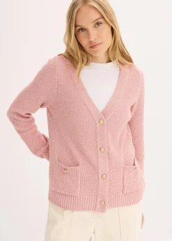 bonprix Bekleidung·Umstandsmode|Pullover & Strickjacken|Melange Strickjacke mit goldfarbigen Knöpfen aschrosa meliert