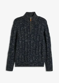 bonprix Große Größen|Pullover & Strickjacken|Melierter Troyer-Pullover mit Zopfmuster dunkelblau meliert
