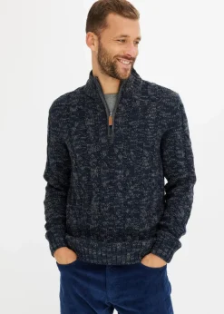 bonprix Große Größen|Pullover & Strickjacken|Melierter Troyer-Pullover mit Zopfmuster dunkelblau meliert