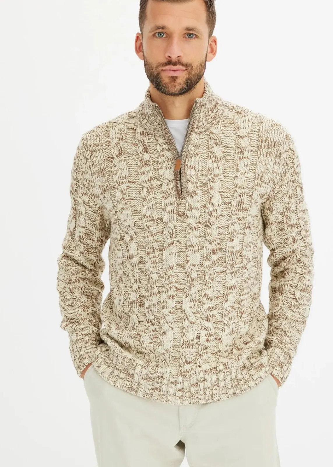 Melierter Troyer-Pullover mit Zopfmuster|bonprix Online