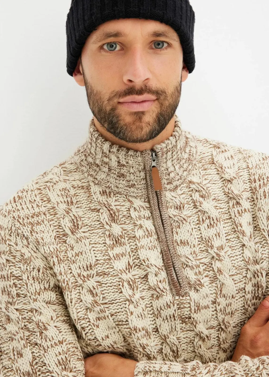 Melierter Troyer-Pullover mit Zopfmuster|bonprix Online