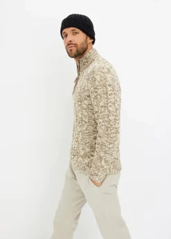 Melierter Troyer-Pullover mit Zopfmuster|bonprix Online