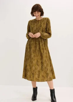 bonprix Bekleidung·Pullover & Strickjacken|Kleider|Midikleid aus fließendem Satin erdoliv/mistelgrün bedruckt