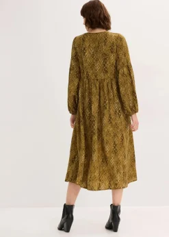 bonprix Bekleidung·Pullover & Strickjacken|Kleider|Midikleid aus fließendem Satin erdoliv/mistelgrün bedruckt