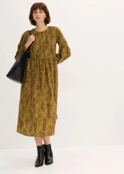 bonprix Bekleidung·Pullover & Strickjacken|Kleider|Midikleid aus fließendem Satin erdoliv/mistelgrün bedruckt