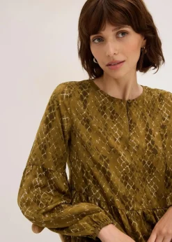 bonprix Bekleidung·Pullover & Strickjacken|Kleider|Midikleid aus fließendem Satin erdoliv/mistelgrün bedruckt