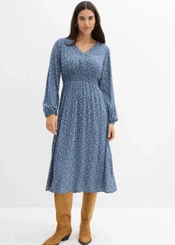 bonprix Bekleidung·Pullover & Strickjacken|Kleider|Midikleid aus fließender Viskose dunkelblau bedruckt