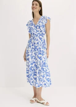 bonprix Bekleidung·Pullover & Strickjacken|Kleider|Midikleid aus fließender Viskose weiß/blau