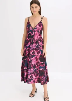 bonprix Bekleidung·Pullover & Strickjacken|Festliche Mode|Midikleid aus glänzendem Samt schwarz/lila floral