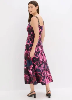 bonprix Bekleidung·Pullover & Strickjacken|Festliche Mode|Midikleid aus glänzendem Samt schwarz/lila floral