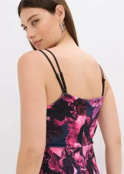 bonprix Bekleidung·Pullover & Strickjacken|Festliche Mode|Midikleid aus glänzendem Samt schwarz/lila floral