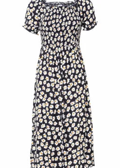 bonprix Bekleidung·Pullover & Strickjacken|Kleider|Midikleid aus reiner Viskose dunkelblau geblümt